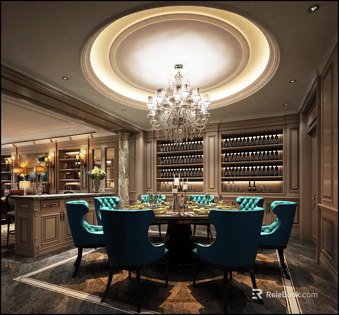 Elegant Restaurant Interior With Round Dining Table Turquoise Chairs Wine Racks And Chandelier 3d model 