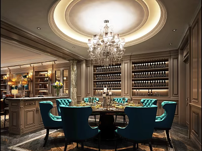 Elegant Restaurant Interior With Round Dining Table Turquoise Chairs Wine Racks And Chandelier 3d model
