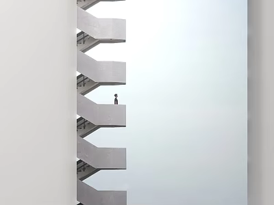 Modern White Architectural Structure With Staircase Terraces And Person Standing Under Sky 3d model