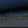 Urban City Skyline View With Water Reflections And Blue Sky Tall Buildings