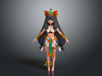 Game Movie Character With Cat Ear Headdress Long Black Hair And Egyptian Style Outfit 3d model