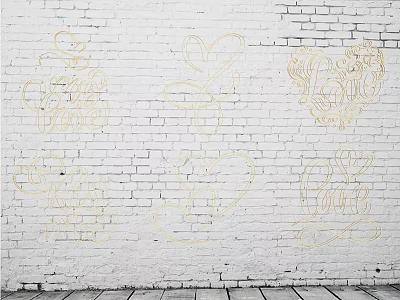 Golden Hand painted Wall Decor with LOVE JOY Heart and Floral Patterns on White Brick Wall 3d model