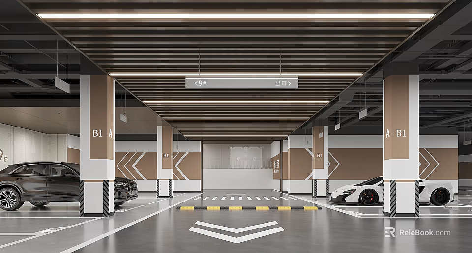 Modern Parking Garage Interior With Ceiling Lighting Columns Directional Arrows And Parked Cars 3d model 