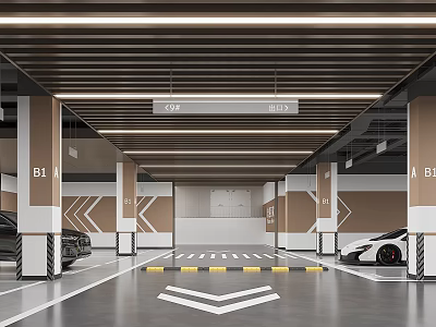 Modern Parking Garage Interior With Ceiling Lighting Columns Directional Arrows And Parked Cars 3d model