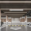 Modern Parking Garage Interior With Ceiling Lighting Columns Directional Arrows And Parked Cars