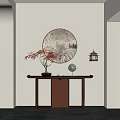 Chinese Entryway With Round Calligraphy Painting Hanging Lantern Red Leaf Bonsai And Wooden Console Table