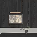 Modern Interior Wall With Geometric Painting Long Pendant Light Green Plants And White Bouquet