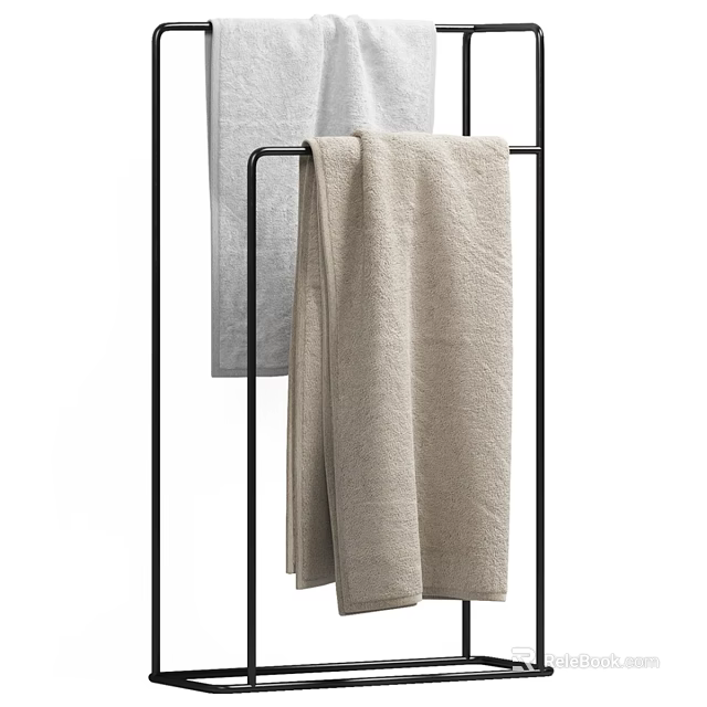 Soft Beige Cotton Bath Towels Hanging On Metal Rack For Bathroom Use 3d model 