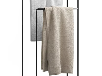 Soft Beige Cotton Bath Towels Hanging On Metal Rack For Bathroom Use 3d model