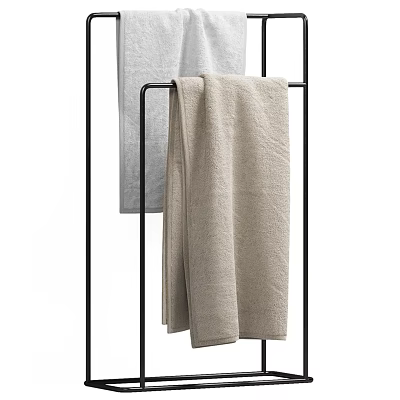 Soft Beige Cotton Bath Towels Hanging On Metal Rack For Bathroom Use 3d model
