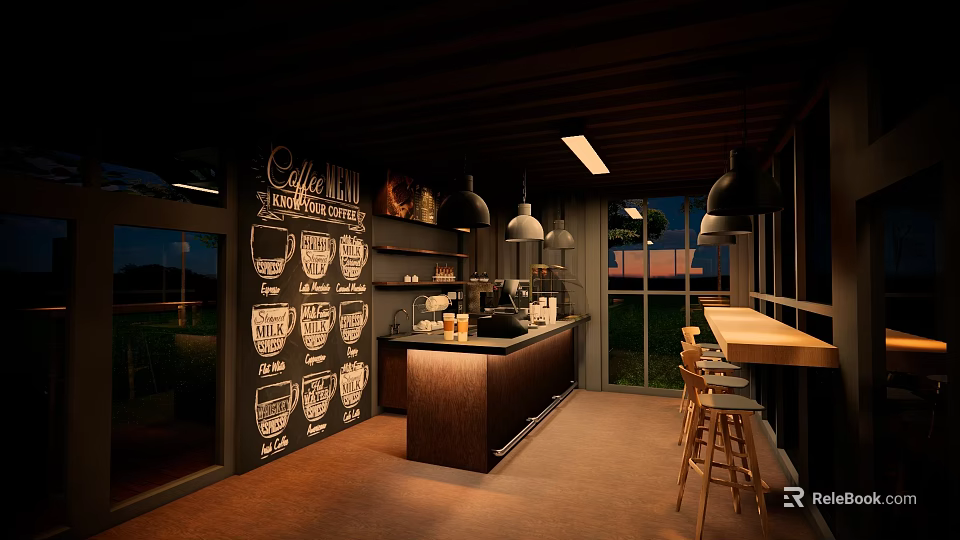Cozy Café Interior With Cake Wall Blackboard Wooden Counter Hanging Pendant Lights And Bar Stools 3d model 