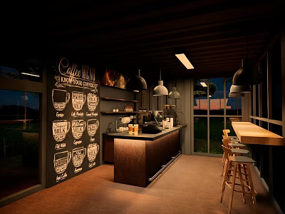 Cozy Café Interior With Cake Wall Blackboard Wooden Counter Hanging Pendant Lights And Bar Stools 3d model