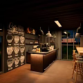 Cozy Café Interior With Cake Wall Blackboard Wooden Counter Hanging Pendant Lights And Bar Stools