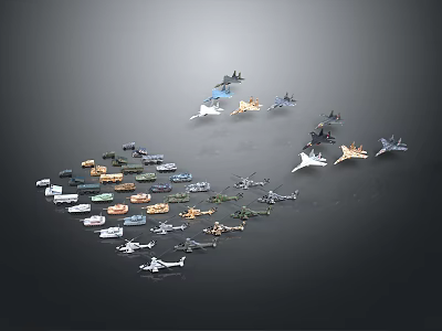 Various Model Aircraft in Different Colors and Styles Arranged in Formation 3d model