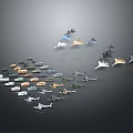 Various Model Aircraft in Different Colors and Styles Arranged in Formation