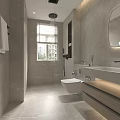 Modern Bathroom Interior With Marble Walls Round Mirror Vanity And Wall Mounted Toilet
