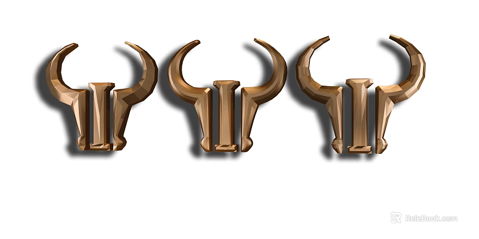 Three Golden Bull Horn Shaped Wall Decor Pieces Arranged in a Row 3d model 