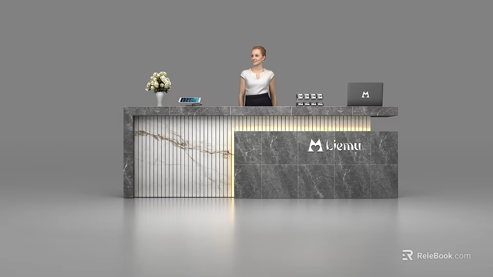 Modern Reception Desk With Marble Surface Lianyu Logo Flower Arrangement Tablet Laptop Drinks And Receptionist 3d model 