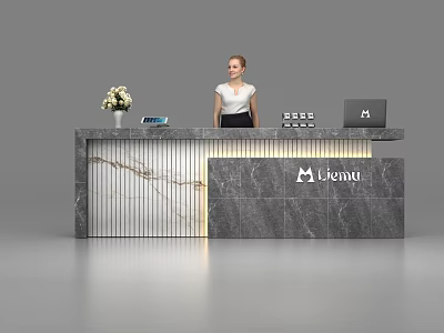 Modern Reception Desk With Marble Surface Lianyu Logo Flower Arrangement Tablet Laptop Drinks And Receptionist 3d model