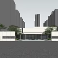 Modern Entrance Gate Design With Glass Facade And Green Plants Near Tall Buildings