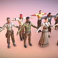 Diverse Characters In Various Costumes Stretching Arms Standing On Gradient Pink Orange Background