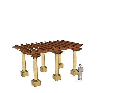 Outdoor Wooden Pergola Structure With Stone Columns And Person Standing Nearby 3d model