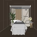 Modern Beauty Treatment Room Featuring Massage Bed White Sheets Plant Table Lamp And Wooden Floors