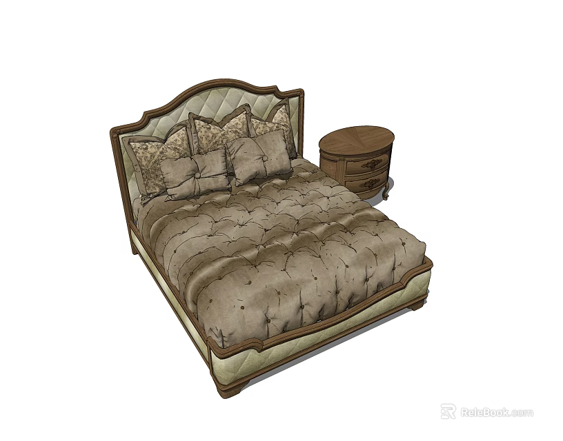 Elegant Double Bed with Tufted Upholstered Headboard and Patterned Bedspread Beside Round Wooden Nightstand 3d model 