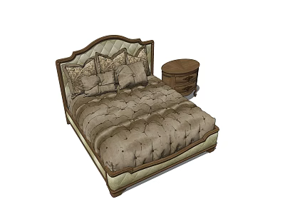 Elegant Double Bed with Tufted Upholstered Headboard and Patterned Bedspread Beside Round Wooden Nightstand 3d model