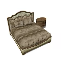 Elegant Double Bed with Tufted Upholstered Headboard and Patterned Bedspread Beside Round Wooden Nightstand