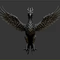 Mythical Bird with Spread Wings Crowned Head and Metallic Feather Texture on Grey Background