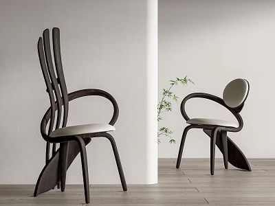 Modern Single Chair Design With Curved Dark Wood Frame And Light Cushion 3d model