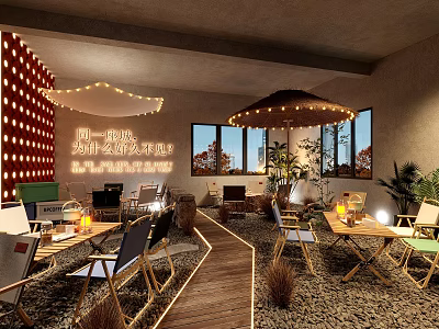 Cozy Restaurant Interior With Warm String Lights Wooden Tables Chairs Windows And Green Plants 3d model