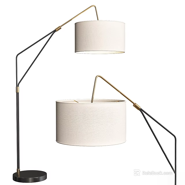 Modern Floor Lamp With Black Gold Metal Stand And White Fabric Shade For Living Room 3d model 