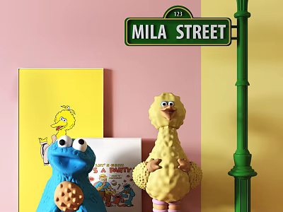 Cartoon Themed Decorative Ornament Set With Dolls Street Sign And Drawing Board 3d model