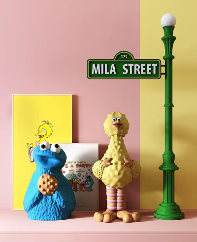 Cartoon Themed Decorative Ornament Set With Dolls Street Sign And Drawing Board 3d model