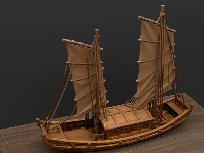 Wooden Junk Sailing Boat Model With Two Masts Brown Sails And Intricate Structure 3d model