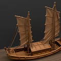 Wooden Junk Sailing Boat Model With Two Masts Brown Sails And Intricate Structure