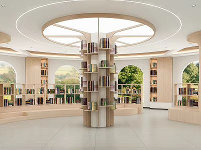 Book Art Display Space With Central Circular Bookshelf Arched Windows Green Plants And Natural Light 3d model