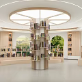 Book Art Display Space With Central Circular Bookshelf Arched Windows Green Plants And Natural Light