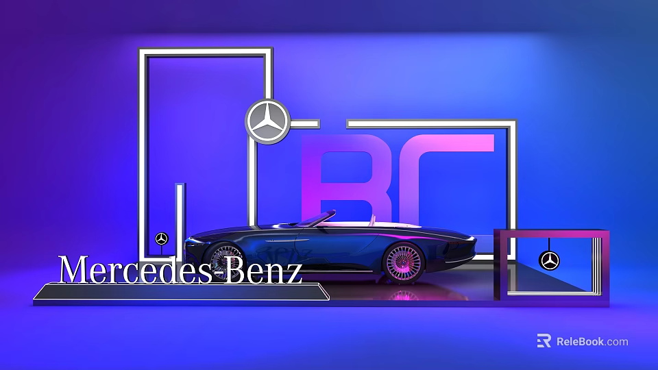 Modern Display Shelf With Mercedes Benz Convertible On Purple And Blue Background 3d model 