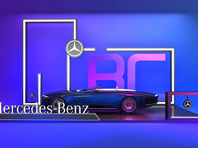 Modern Display Shelf With Mercedes Benz Convertible On Purple And Blue Background 3d model