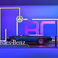Modern Display Shelf With Mercedes Benz Convertible On Purple And Blue Background