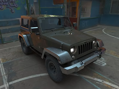 Green Jeep Car Parked On Basketball Court With Graffiti Wall And Urban Building Background 3d model