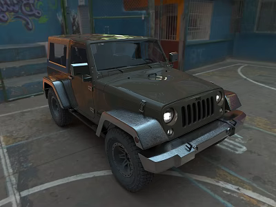 Green Jeep Car Parked On Basketball Court With Graffiti Wall And Urban Building Background 3d model
