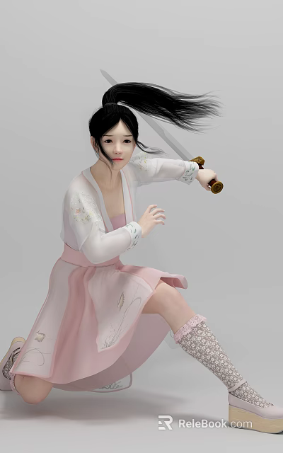 Woman in Pink Hanfu Holding Long Sword Performing Martial Arts Pose With Flowing Hair Gray Background 3d model 
