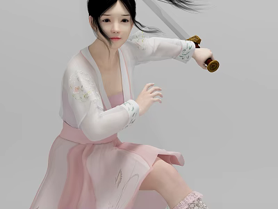 Woman in Pink Hanfu Holding Long Sword Performing Martial Arts Pose With Flowing Hair Gray Background 3d model