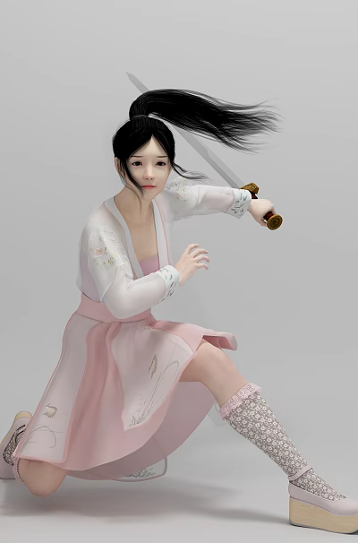 Woman in Pink Hanfu Holding Long Sword Performing Martial Arts Pose With Flowing Hair Gray Background 3d model