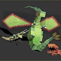 Green Dragon Pixel Style Game Character With Small Creature And Orange Details