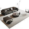 Modern Leather Sofa And Round Coffee Table Set With Accent Chair Floor Lamp And Ottoman